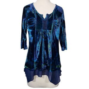 Unity World Wear Artsy Velvet Tunic Top Medium Blue Asymmetric Fairy Whimsigoth